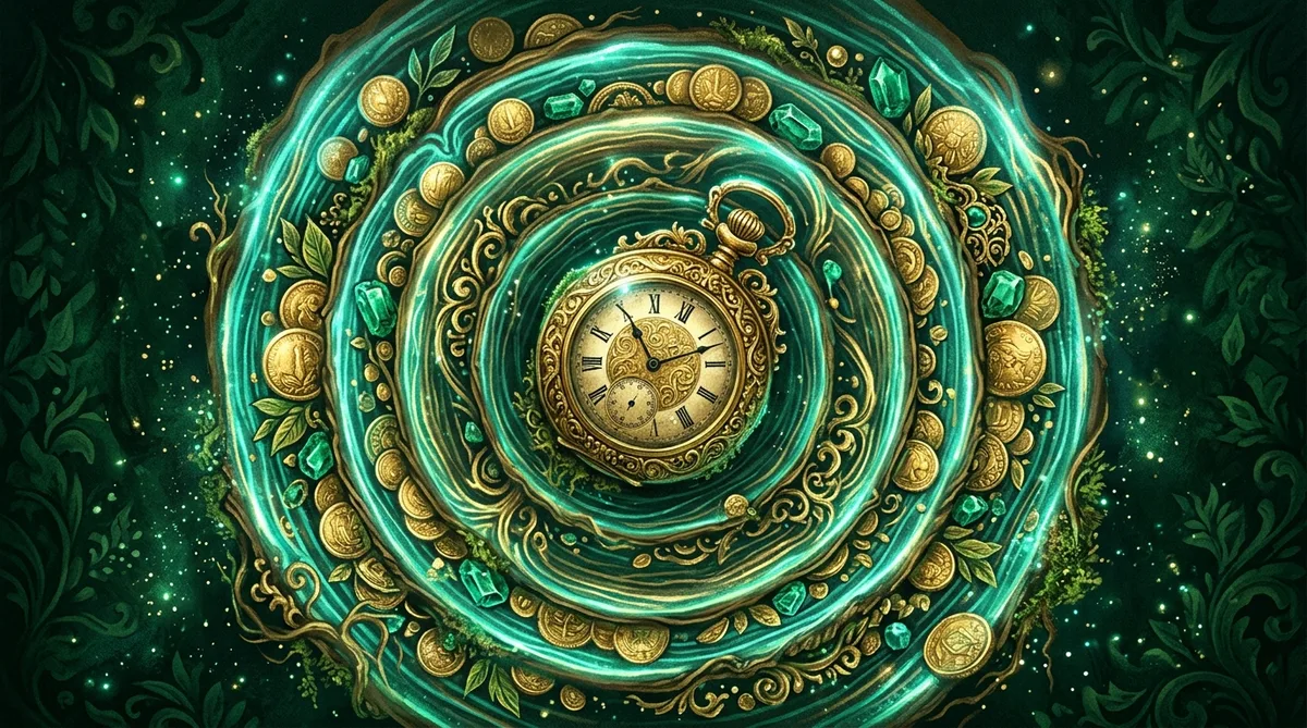 Antique gold watch in concentric age-rings with coins and gems, longevity as trust